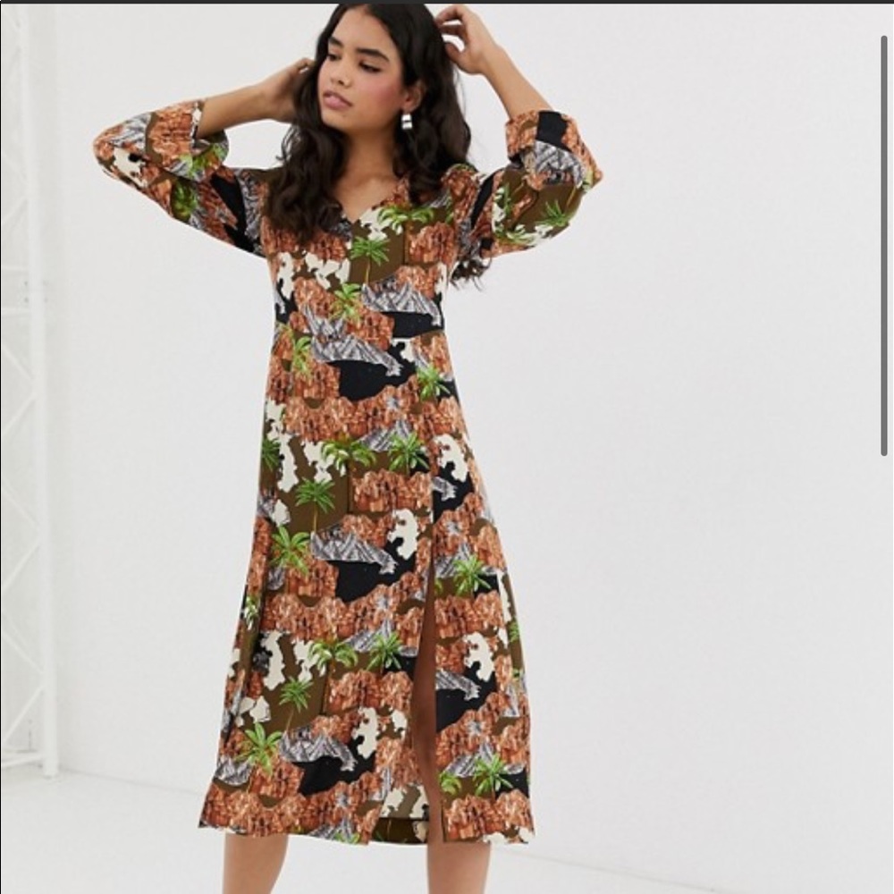 NWT ASOS MONKI Island Print Midi Dress - Picture 2 of 8